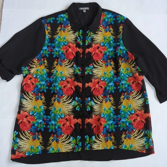 Roz & Ali Floral Sheer Button Down Tropical Blouse Woman 2X Black Blue - Picture 12 of 16